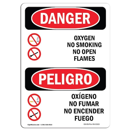 OSHA Danger, Oxygen No Smoking No Open Flames Bilingual, 24in X 18in Rigid Plastic